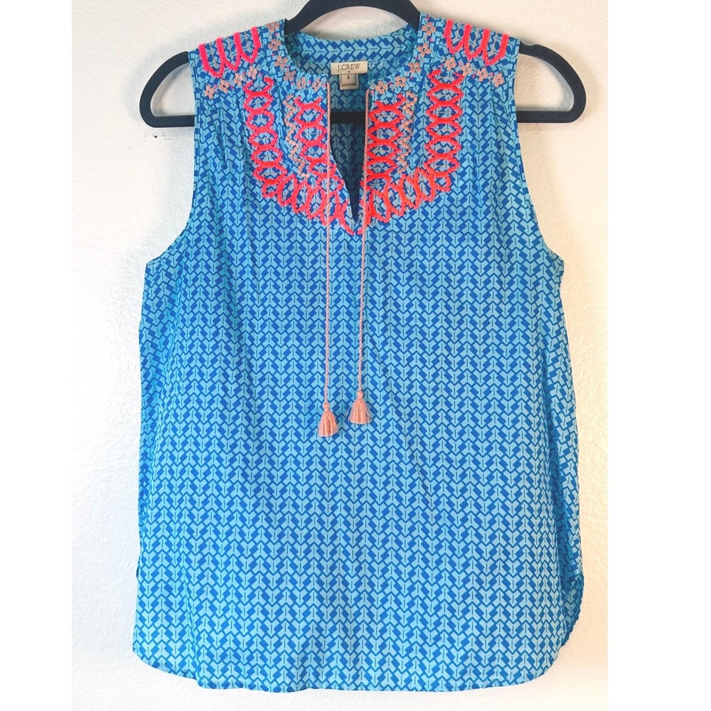 J.Crew Resortwear Blue Geometric Print Sleeveless Embroidered Tassel Top SZ 4